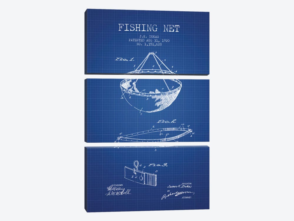J.K. Dukas Fishing Net Patent Sketch (Blue Grid) by Aged Pixel 3-piece Art Print