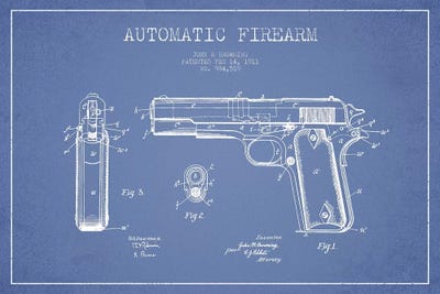 J.M Browning Automatic Firearm Patent Sketch (Light Blue) by Aged Pixel canvas print