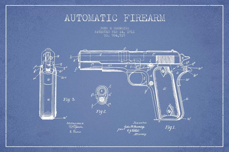 J.M Browning Automatic Firearm Patent Sketch (Light Blue) by Aged Pixel wall art