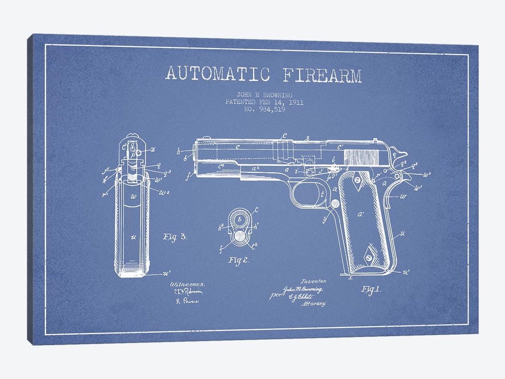 J.M Browning Automatic Firearm Patent Sketch (Light Blue) by Aged Pixel 1-piece Canvas Wall Art