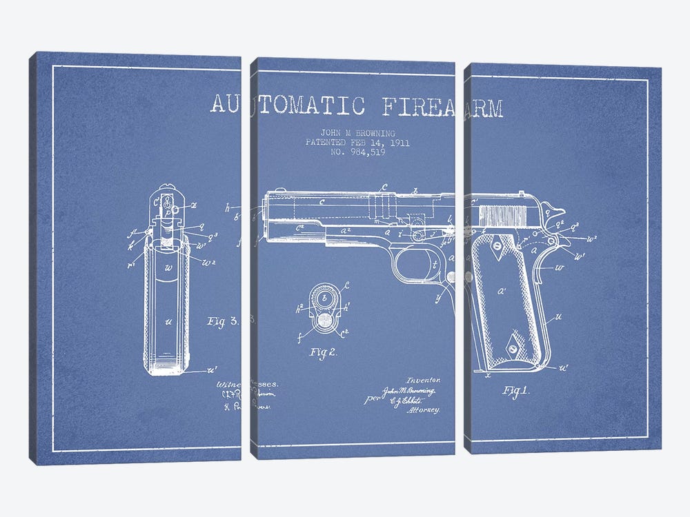 J.M Browning Automatic Firearm Patent Sketch (Light Blue) by Aged Pixel 3-piece Canvas Wall Art