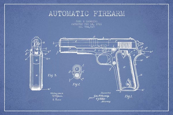 J.M Browning Automatic Firearm Patent Sketch (Light Blue)