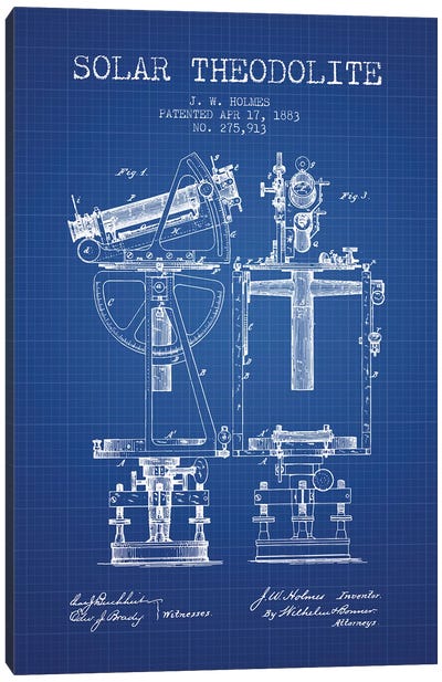 J.W. Holmes Solar Theodolite Patent Sketch (Blue Grid) Canvas Art Print - Engineering & Machinery Blueprints