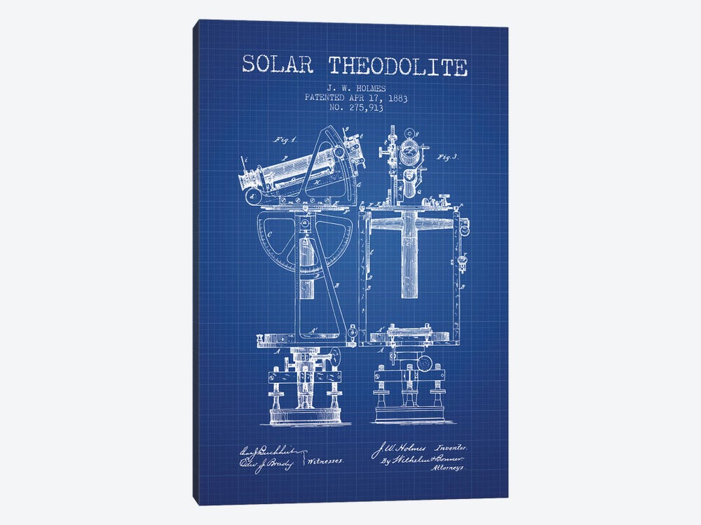 J.W. Holmes Solar Theodolite Patent Sketch (Blue Grid) by Aged Pixel 1-piece Canvas Art Print
