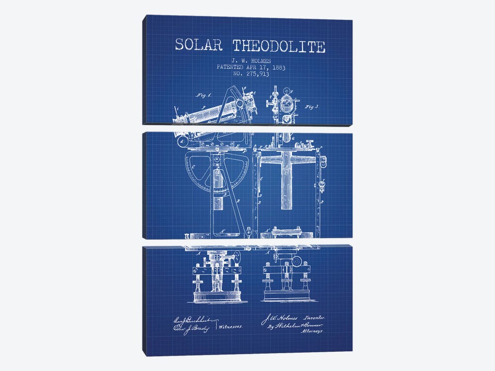 J.W. Holmes Solar Theodolite Patent Sketch (Blue Grid) by Aged Pixel 3-piece Canvas Art Print