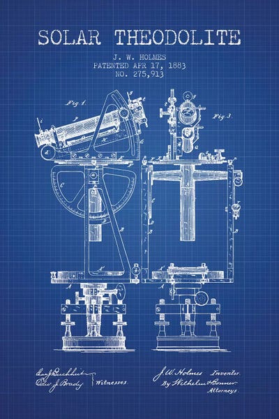 Engineering & Machinery Blueprints: J.W. Holmes Solar Theodolite Patent Sketch (Blue Grid) by Aged Pixel