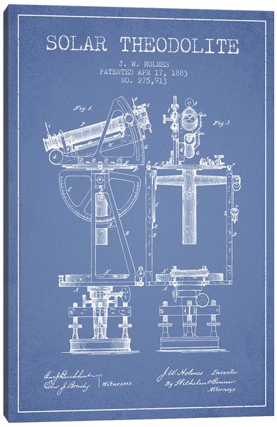 J.W. Holmes Solar Theodolite Patent Sketch (Light Blue) Canvas Art Print - Engineering & Machinery Blueprints