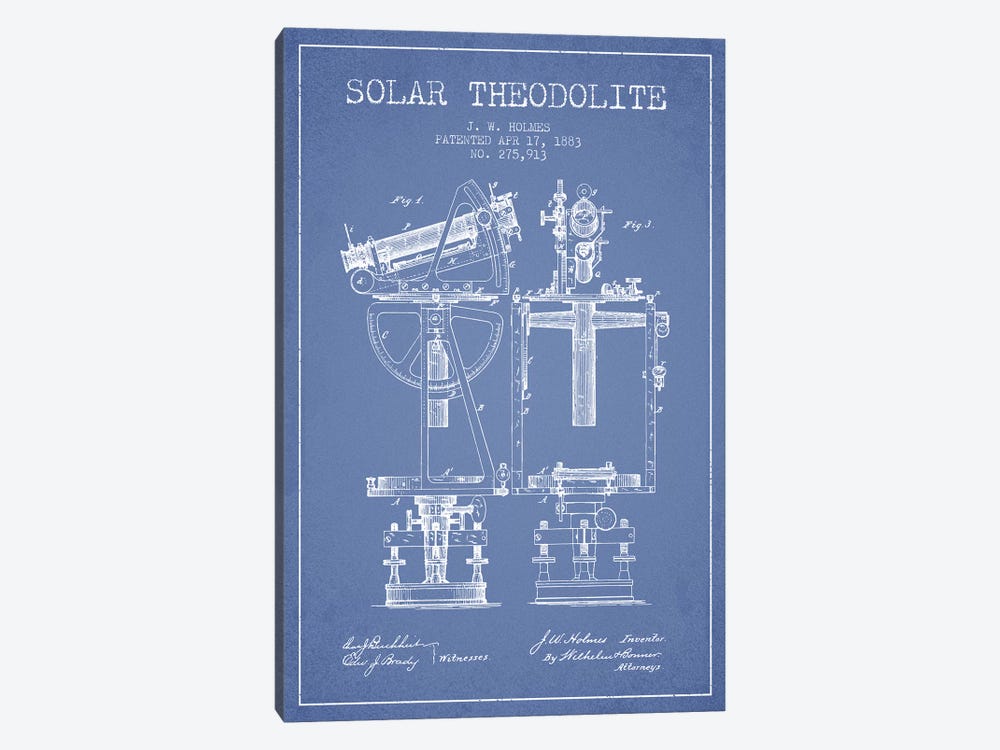J.W. Holmes Solar Theodolite Patent Sketch (Light Blue) by Aged Pixel 1-piece Canvas Art Print