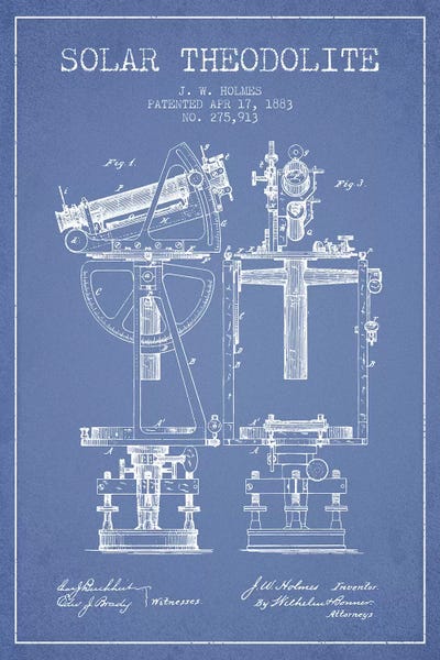 Engineering & Machinery Blueprints: J.W. Holmes Solar Theodolite Patent Sketch (Light Blue) by Aged Pixel