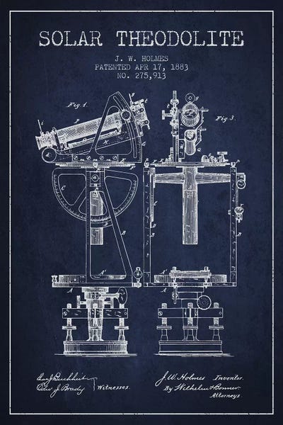 J.W. Holmes Solar Theodolite Patent Sketch (Navy Blue) by Aged Pixel framed canvas print