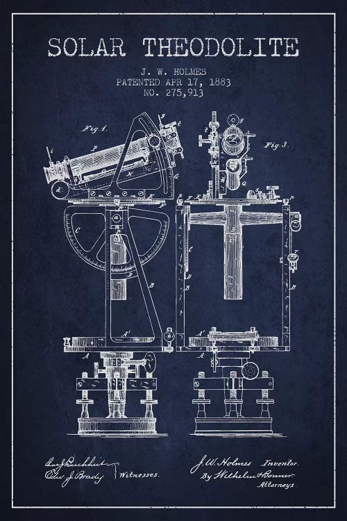 J.W. Holmes Solar Theodolite Patent Sketch (Navy Blue) by Aged Pixel wall art