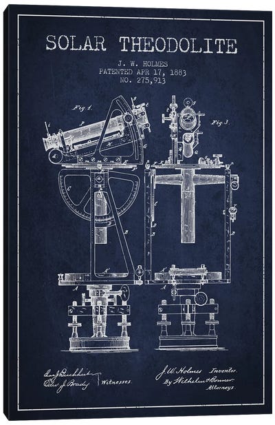 J.W. Holmes Solar Theodolite Patent Sketch (Navy Blue) Canvas Art Print - Engineering & Machinery Blueprints