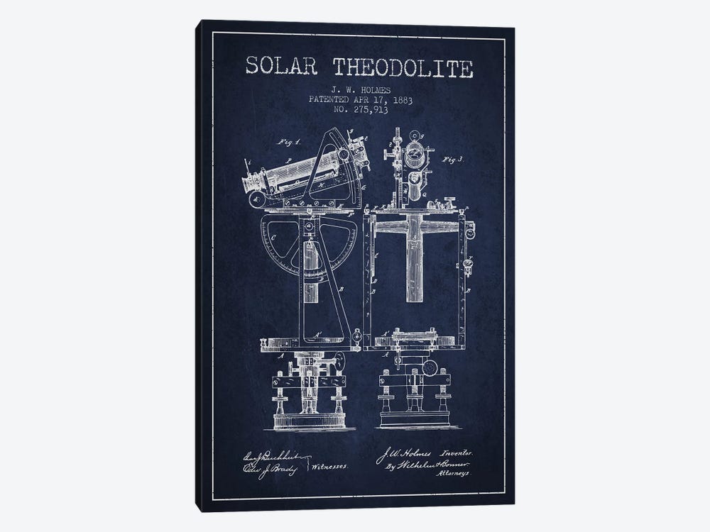 J.W. Holmes Solar Theodolite Patent Sketch (Navy Blue) by Aged Pixel 1-piece Canvas Art
