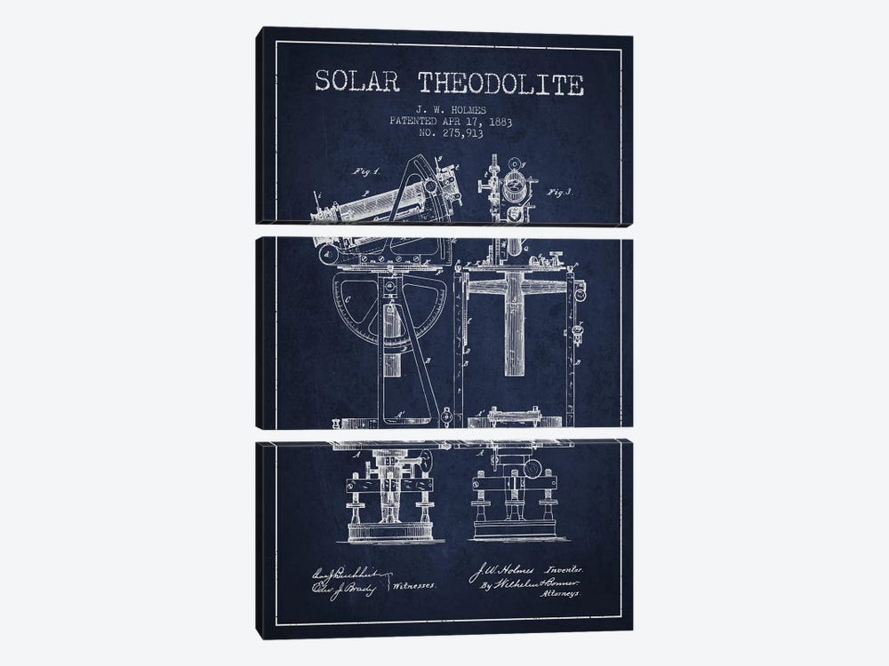 J.W. Holmes Solar Theodolite Patent Sketch (Navy Blue) by Aged Pixel 3-piece Canvas Art