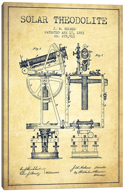 J.W. Holmes Solar Theodolite Patent Sketch (Vintage) Canvas Art Print - Aged Pixel: Engineering & Machinery