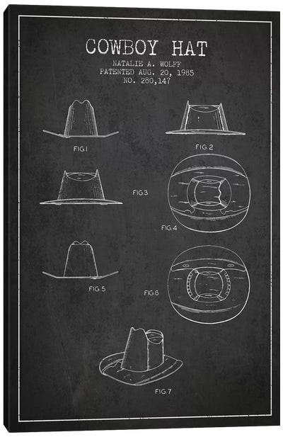 Cowboy Hat Charcoal Patent Blueprint Canvas Art Print - Western Décor