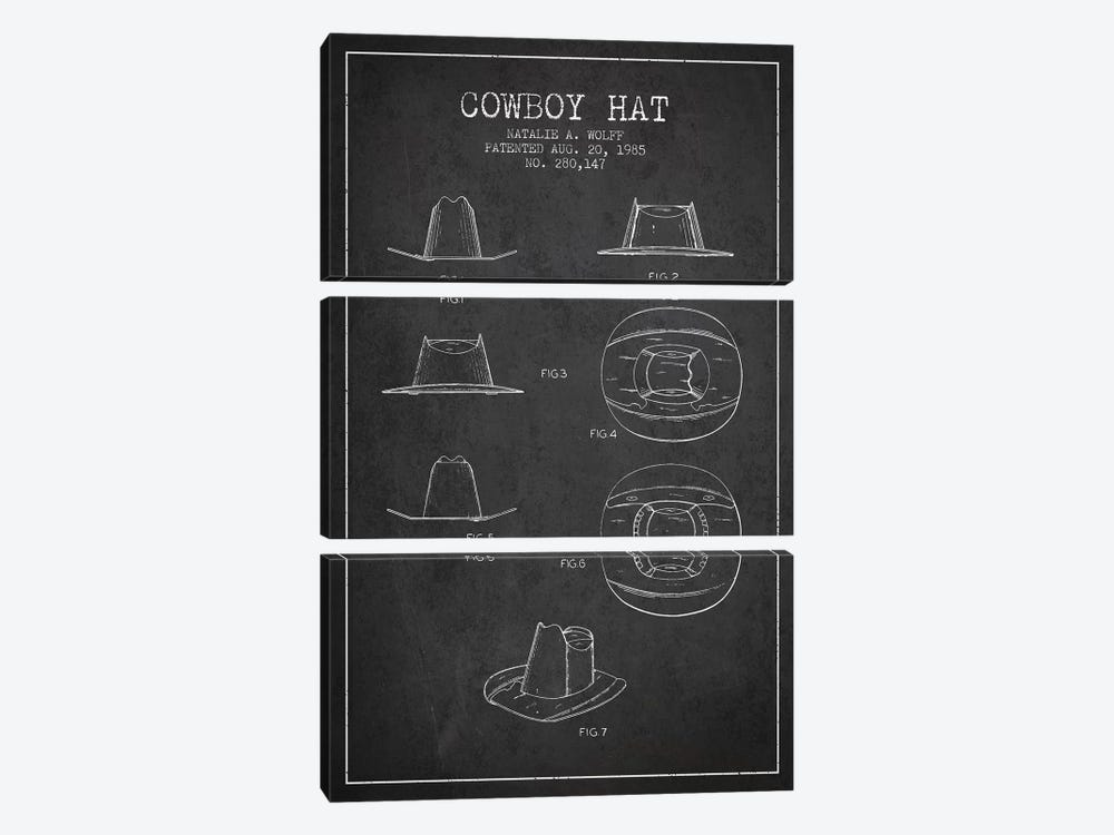Cowboy Hat Charcoal Patent Blueprint by Aged Pixel 3-piece Canvas Art Print