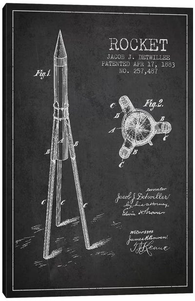 Jacob J. Detwillee Rocket Patent Sketch (Charcoal) Canvas Art Print - Aged Pixel: Aviation