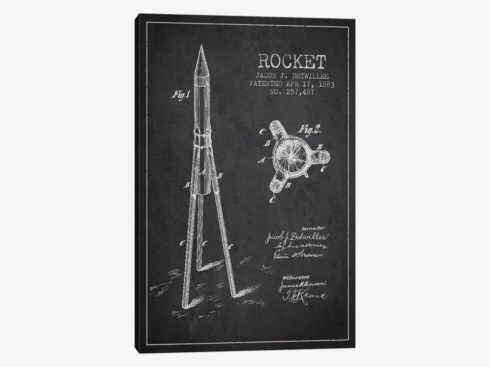 Jacob J. Detwillee Rocket Patent Sketch (Charcoal) by Aged Pixel 1-piece Canvas Print