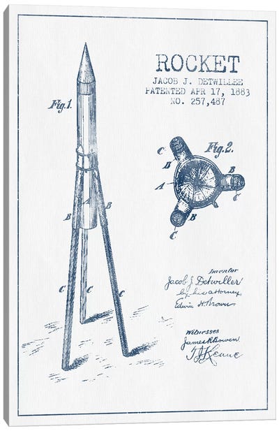 Jacob J. Detwillee Rocket Patent Sketch (Ink) Canvas Art Print - Aged Pixel: Aviation