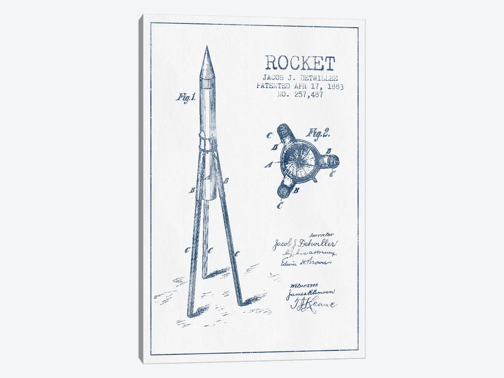 Jacob J. Detwillee Rocket Patent Sketch (Ink) by Aged Pixel 1-piece Canvas Artwork