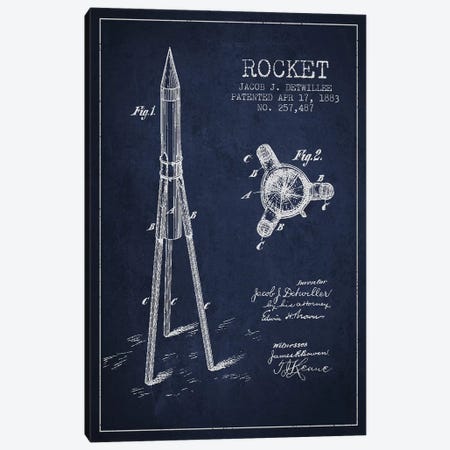 Jacob J. Detwillee Rocket Patent Sketch (Navy Blue) Canvas Print #ADP2992} by Aged Pixel Canvas Art