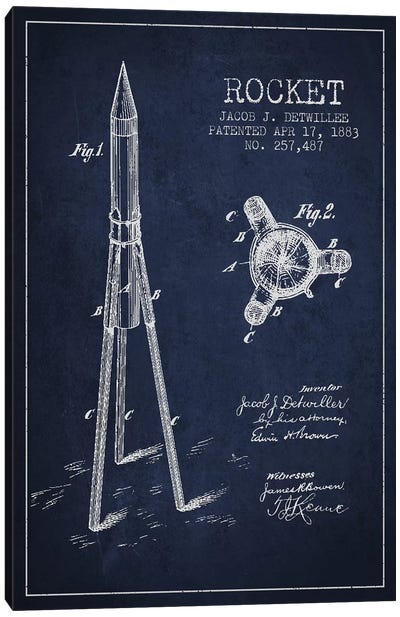 Jacob J. Detwillee Rocket Patent Sketch (Navy Blue) Canvas Art Print - Aged Pixel: Aviation