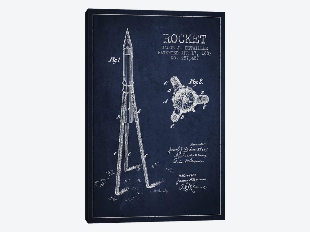 Jacob J. Detwillee Rocket Patent Sketch (Navy Blue) by Aged Pixel 1-piece Canvas Print