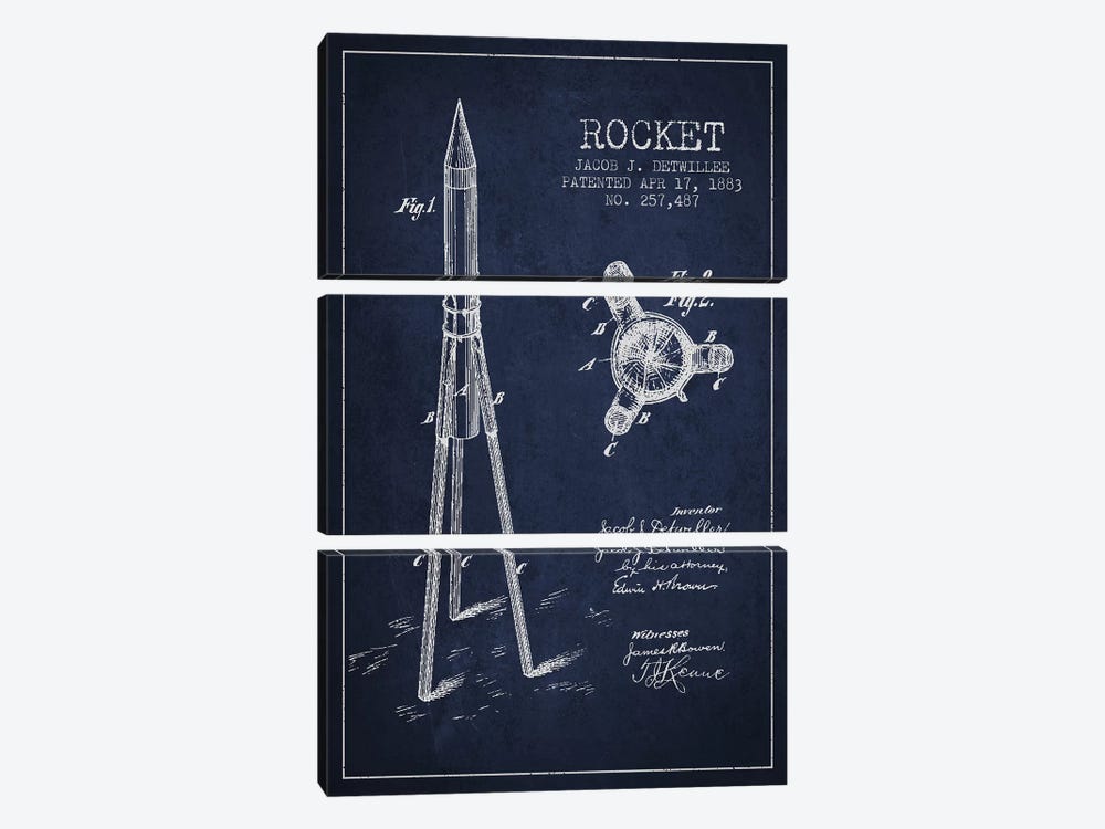 Jacob J. Detwillee Rocket Patent Sketch (Navy Blue) by Aged Pixel 3-piece Art Print