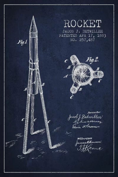 Aviation Blueprints: Jacob J. Detwillee Rocket Patent Sketch (Navy Blue) by Aged Pixel