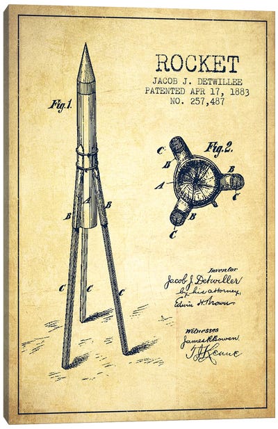 Jacob J. Detwillee Rocket Patent Sketch (Vintage) Canvas Art Print - Aged Pixel: Aviation