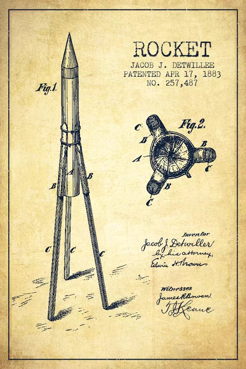 Jacob J. Detwillee Rocket Patent Sketch (Vintage)