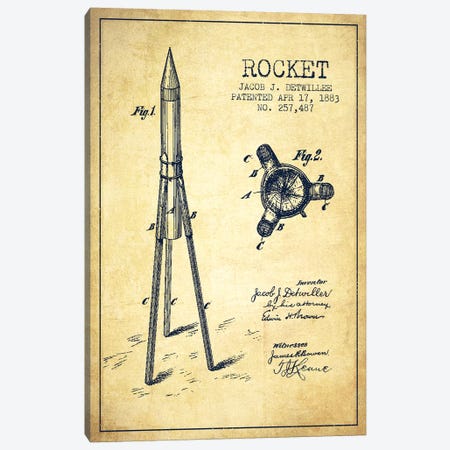 Jacob J. Detwillee Rocket Patent Sketch (Vintage) Canvas Print #ADP2993} by Aged Pixel Canvas Wall Art