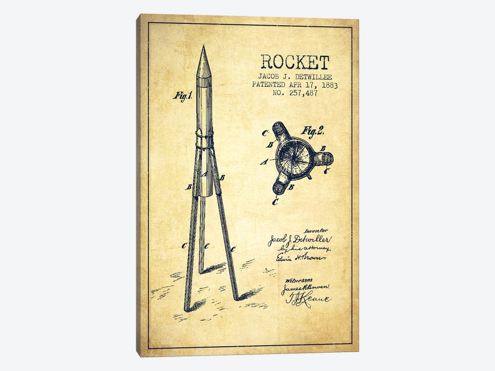 Jacob J. Detwillee Rocket Patent Sketch (Vintage) by Aged Pixel 1-piece Canvas Wall Art