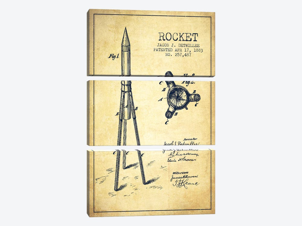 Jacob J. Detwillee Rocket Patent Sketch (Vintage) by Aged Pixel 3-piece Canvas Art