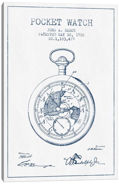 John A. Meroz Pocket Watch Pattern Sketch (Ink) Canvas Art Print - Engineering & Machinery Blueprints