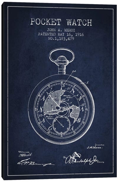 John A. Meroz Pocket Watch Pattern Sketch (Navy Blue) Canvas Art Print - Engineering & Machinery Blueprints