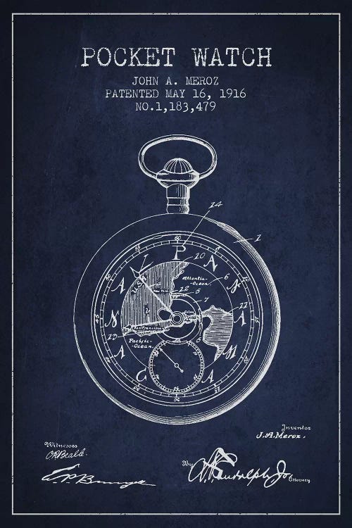 John A. Meroz Pocket Watch Pattern Sketch (Navy Blue) by Aged Pixel wall art
