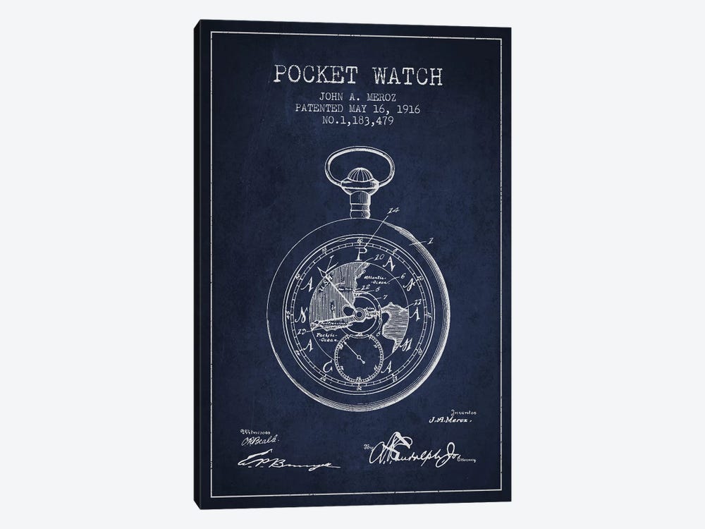 John A. Meroz Pocket Watch Pattern Sketch (Navy Blue) by Aged Pixel 1-piece Canvas Print