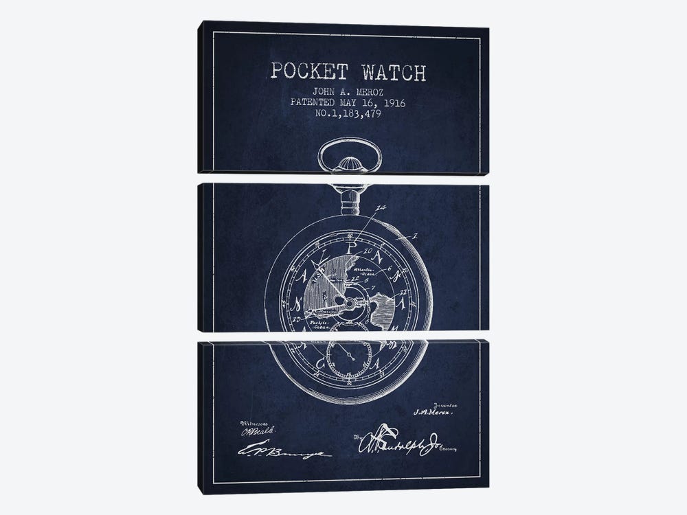 John A. Meroz Pocket Watch Pattern Sketch (Navy Blue) by Aged Pixel 3-piece Art Print