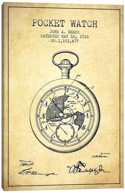 John A. Meroz Pocket Watch Pattern Sketch (Vintage) Canvas Art Print - Clock Art
