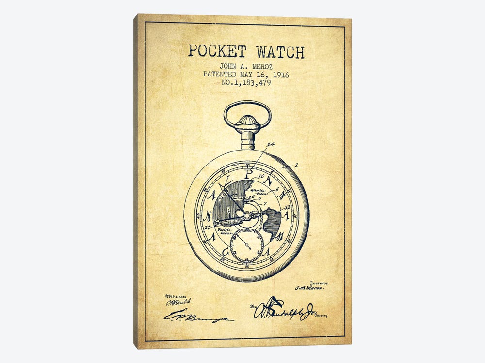John A. Meroz Pocket Watch Pattern Sketch (Vintage) by Aged Pixel 1-piece Canvas Artwork
