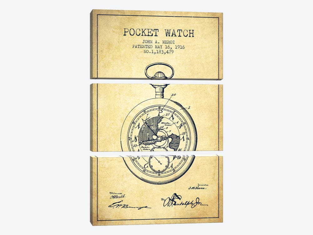 John A. Meroz Pocket Watch Pattern Sketch (Vintage) by Aged Pixel 3-piece Canvas Wall Art