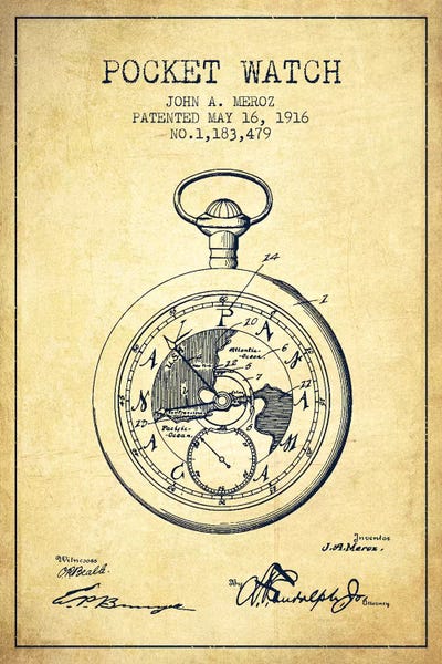Clocks: John A. Meroz Pocket Watch Pattern Sketch (Vintage) by Aged Pixel