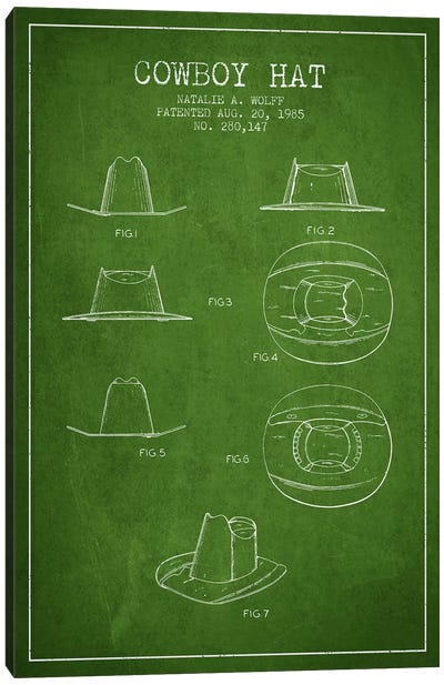 Cowboy Hat Green Patent Blueprint Canvas Art Print - Western Décor