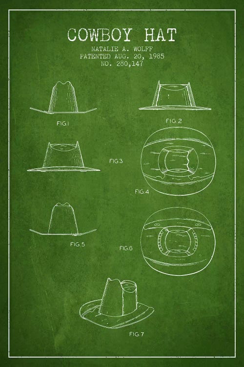 Cowboy Hat Green Patent Blueprint by Aged Pixel wall art