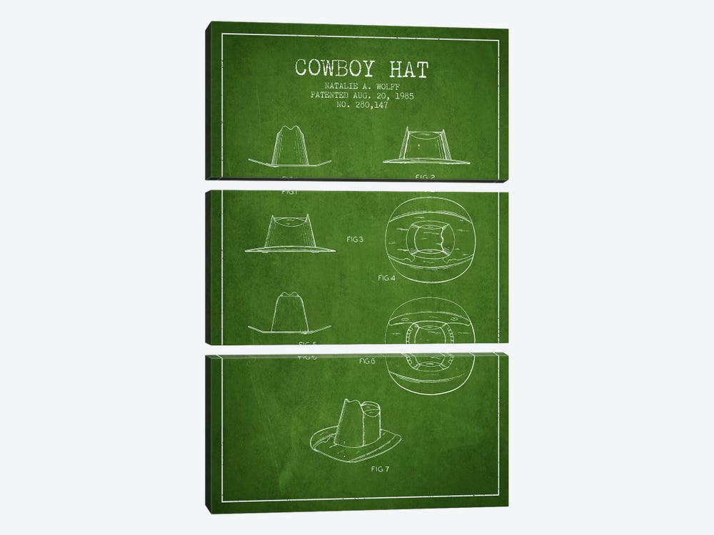 Cowboy Hat Green Patent Blueprint by Aged Pixel 3-piece Canvas Wall Art
