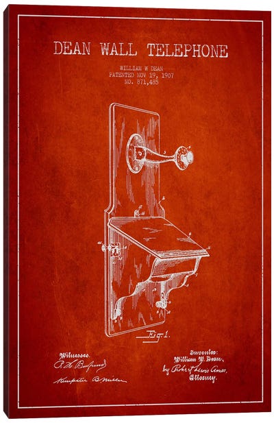 Wall Telephone Red Patent Blueprint Canvas Art Print - Electronics & Communication Blueprints