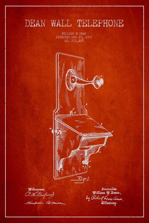 Wall Telephone Red Patent Blueprint