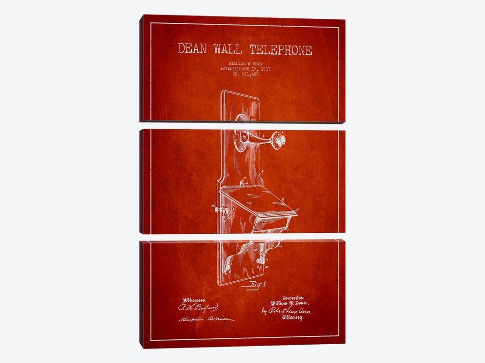 Wall Telephone Red Patent Blueprint by Aged Pixel 3-piece Canvas Art